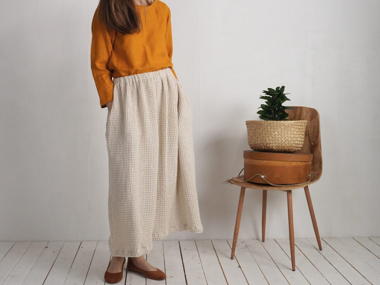 Waffle Long Linen Skirt with Pockets - Autumn Flowy Skirt by Malusta