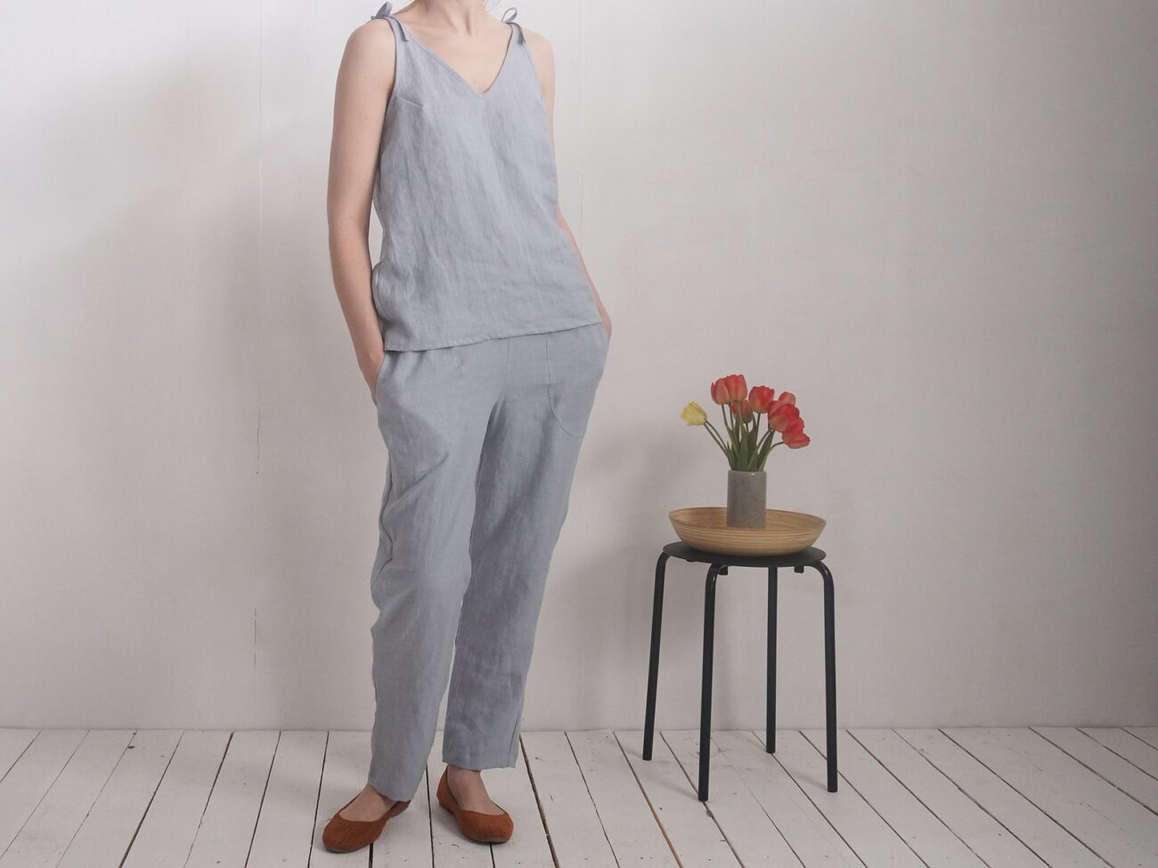 Malusta Linen Two-Piece Set: Tapered Pants and Cami Top