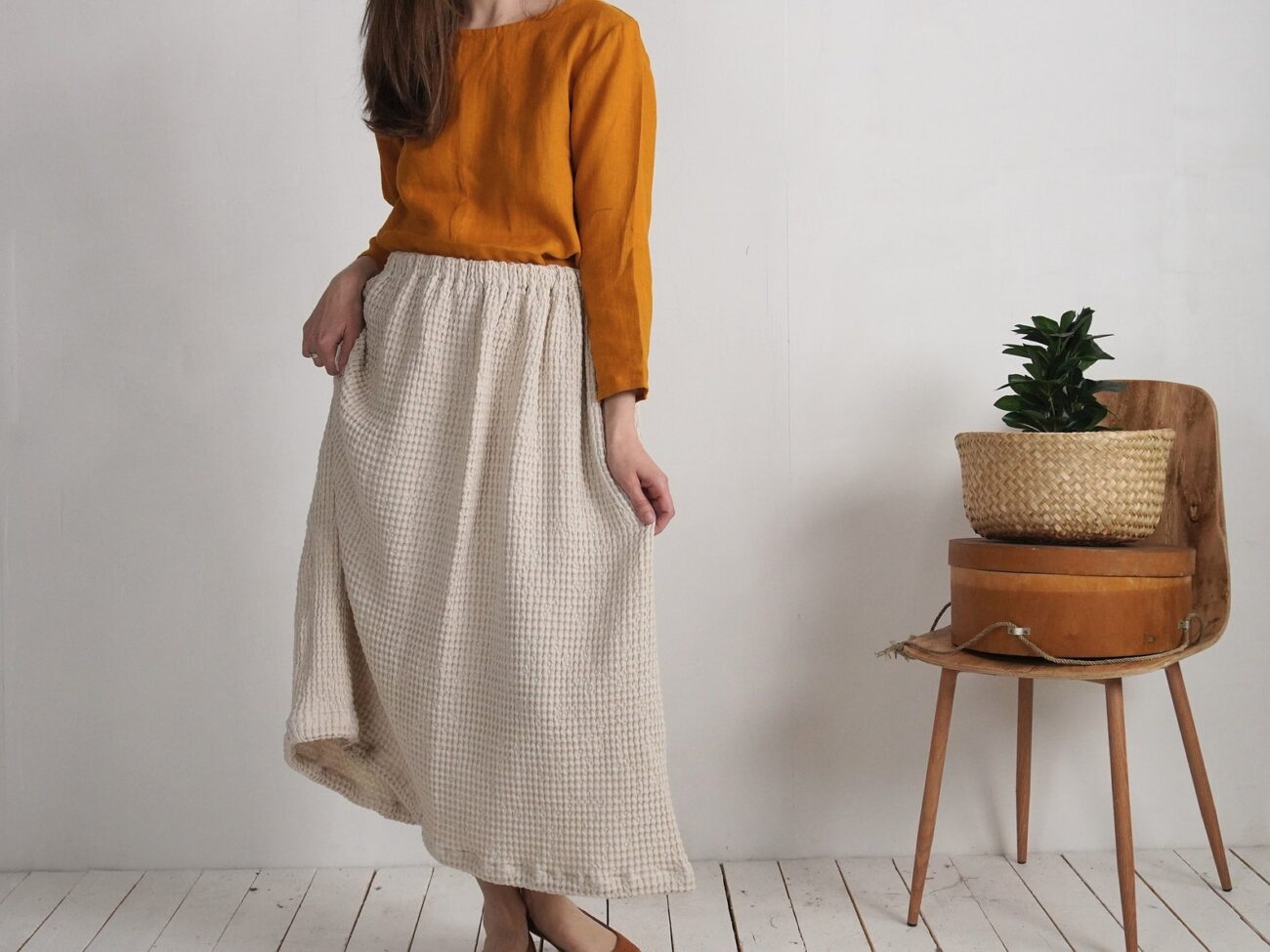 Waffle Long Linen Skirt with Pockets - Autumn Flowy Skirt by Malusta