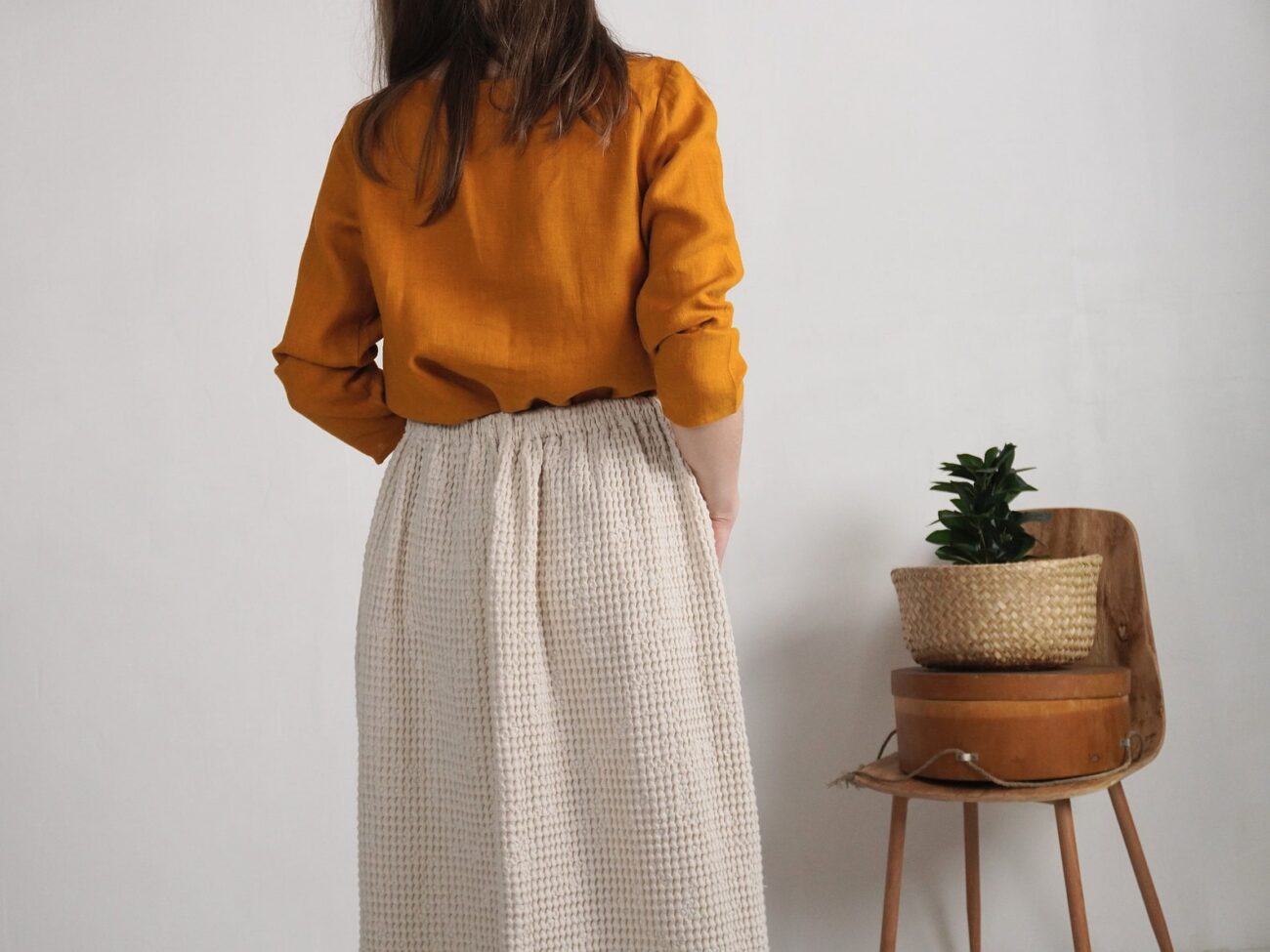 Waffle Long Linen Skirt with Pockets - Autumn Flowy Skirt by Malusta