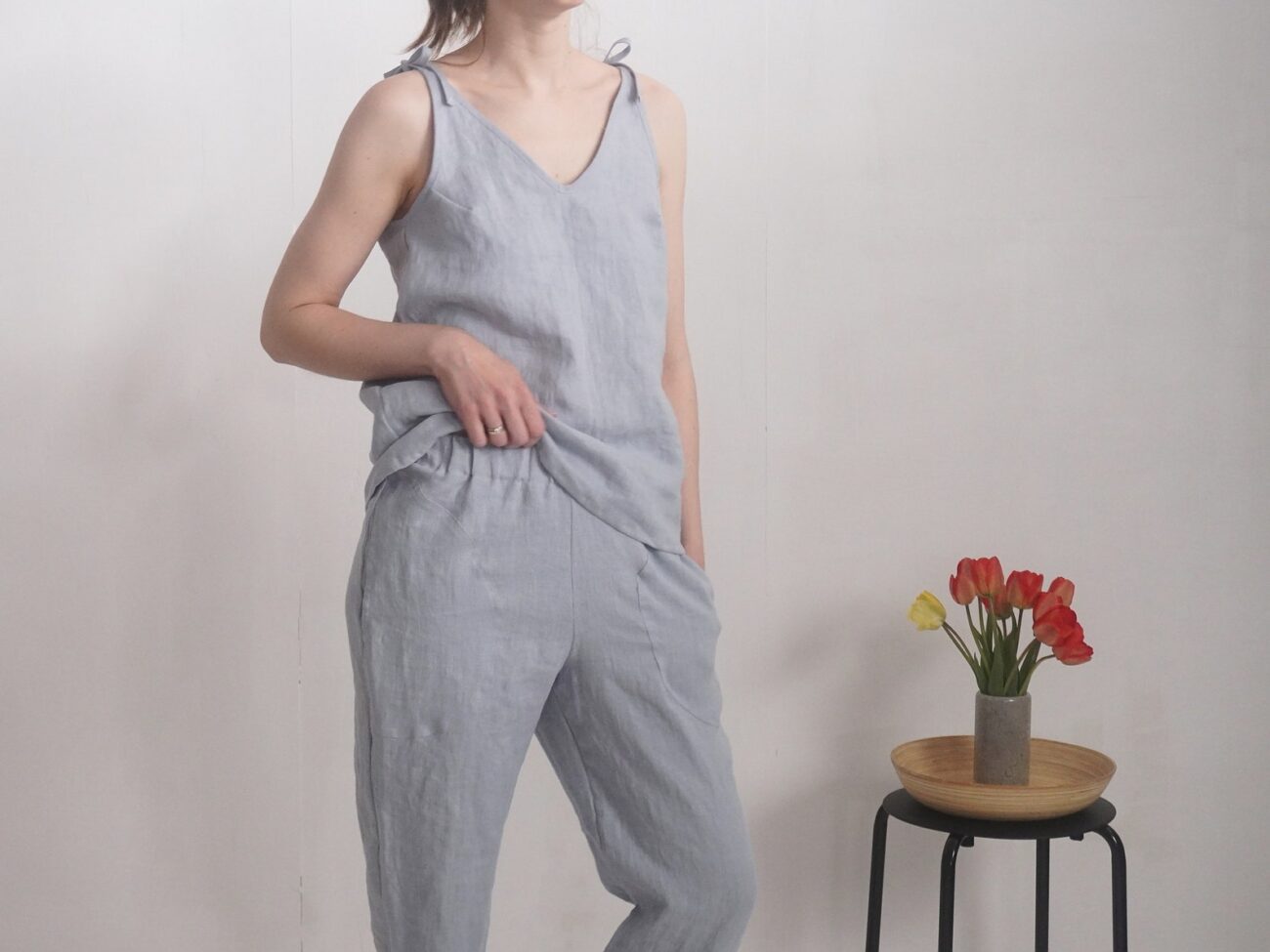 Malusta Linen Two-Piece Set: Tapered Pants and Cami Top