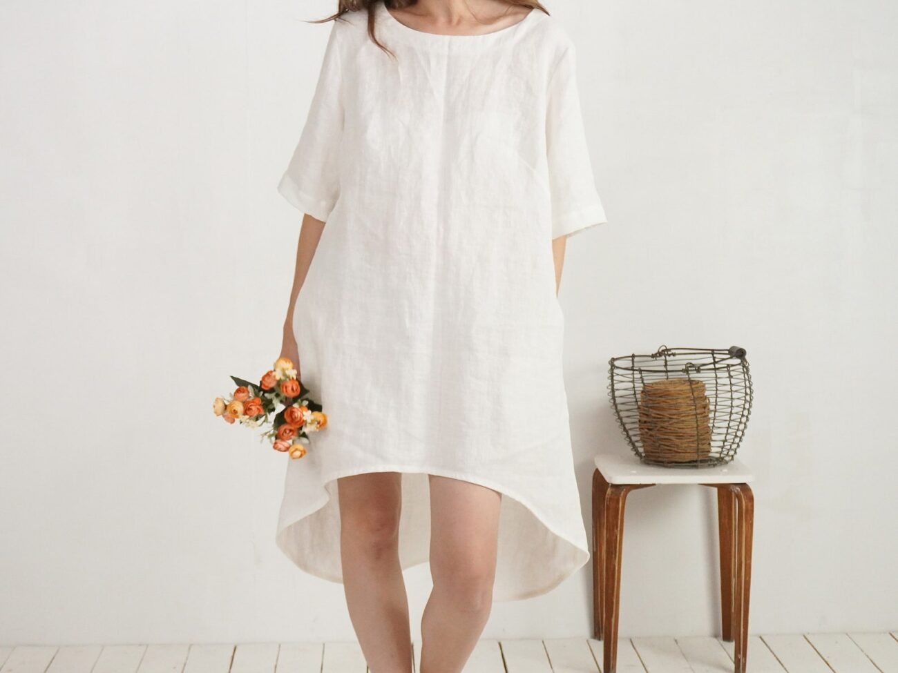 Malusta Linen V-Back Wedding Dress for Beach, Barn, or Holiday