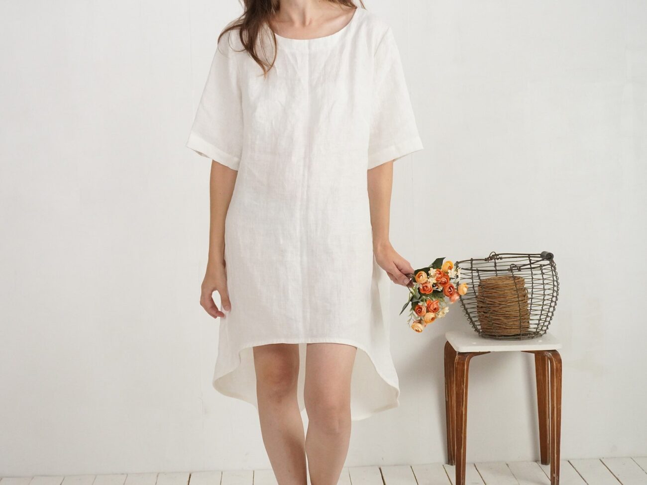 Malusta Linen V-Back Wedding Dress for Beach, Barn, or Holiday