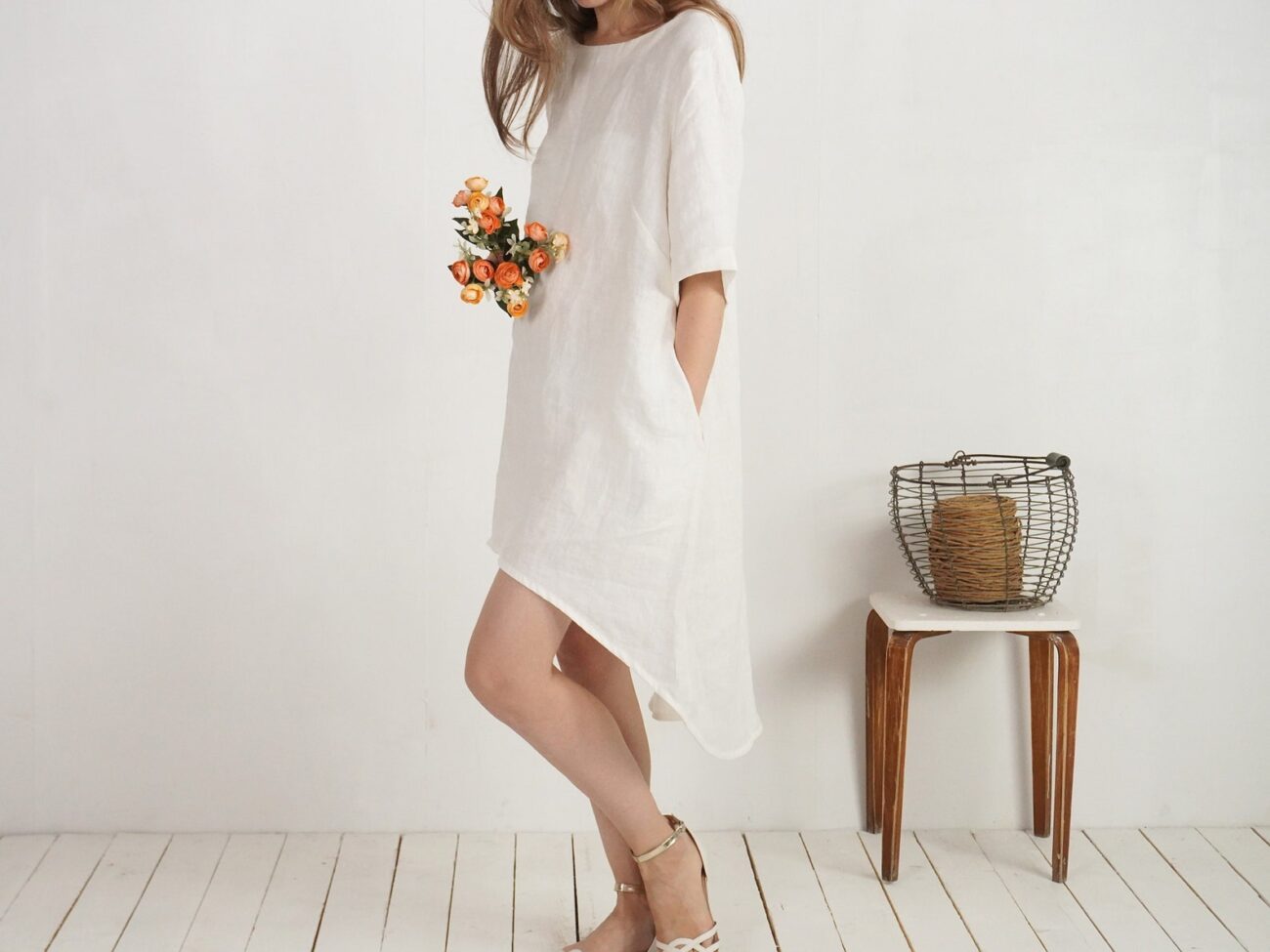 Malusta Linen V-Back Wedding Dress for Beach, Barn, or Holiday