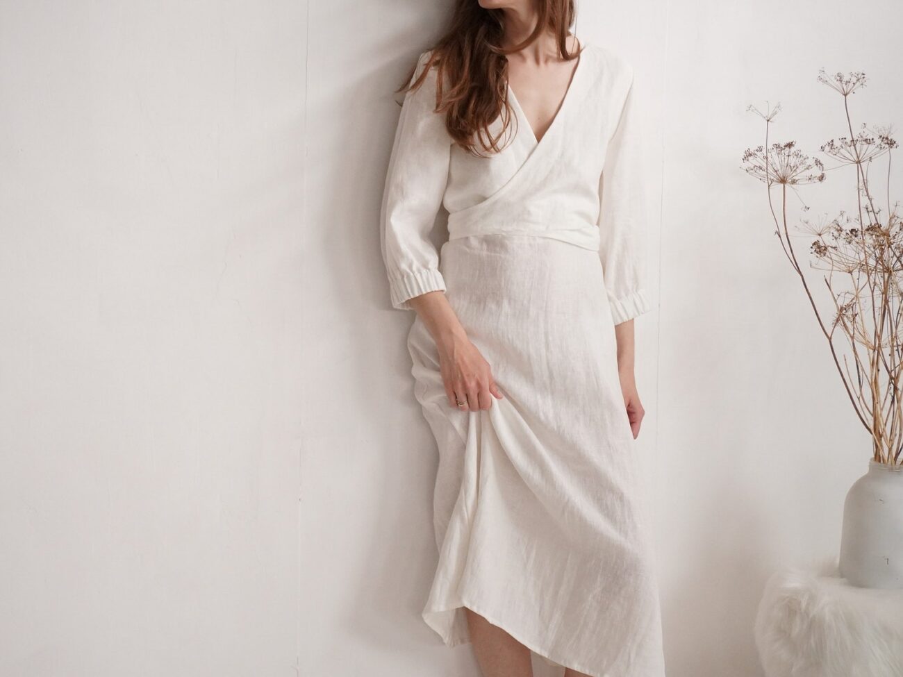 Malusta Linen Wedding Dress with Bow and Long Sleeves