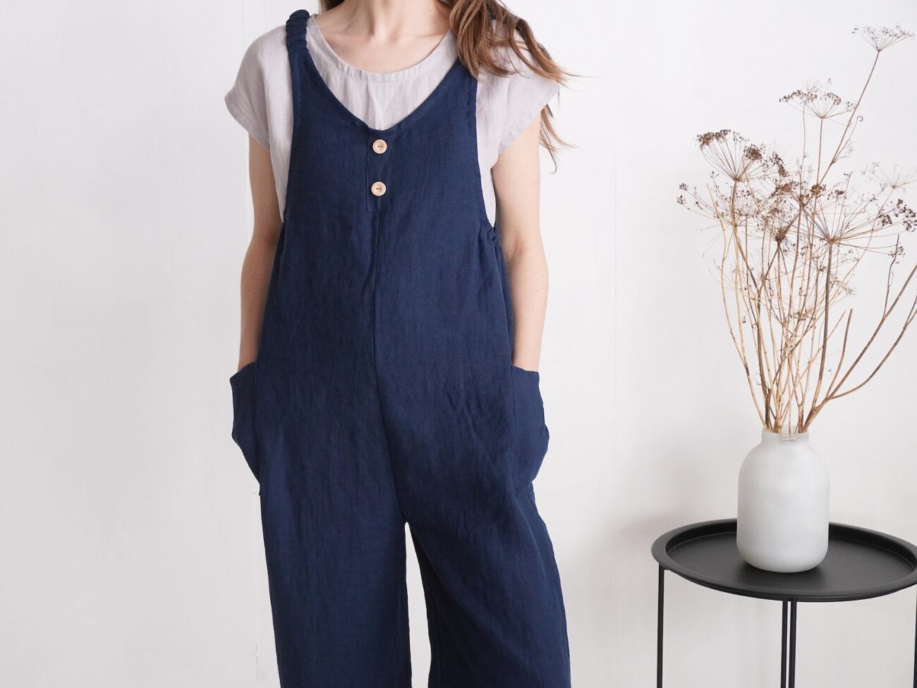 Malusta Linen Jumpsuit: Loose, Pocketed, Capri Romper Overalls