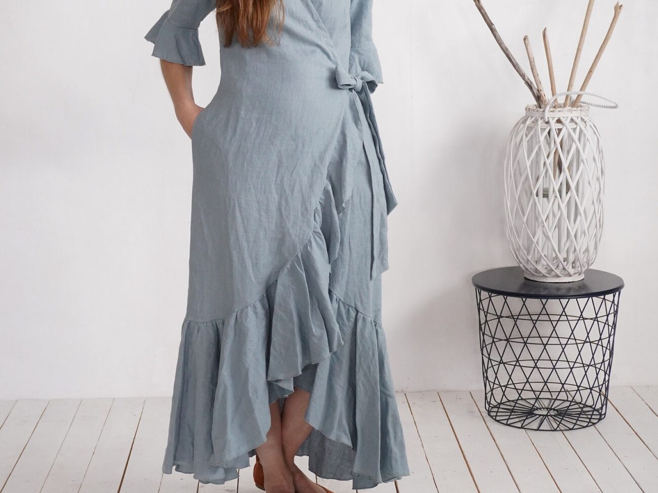 Elegant Linen Maxi Wrap Dress M76