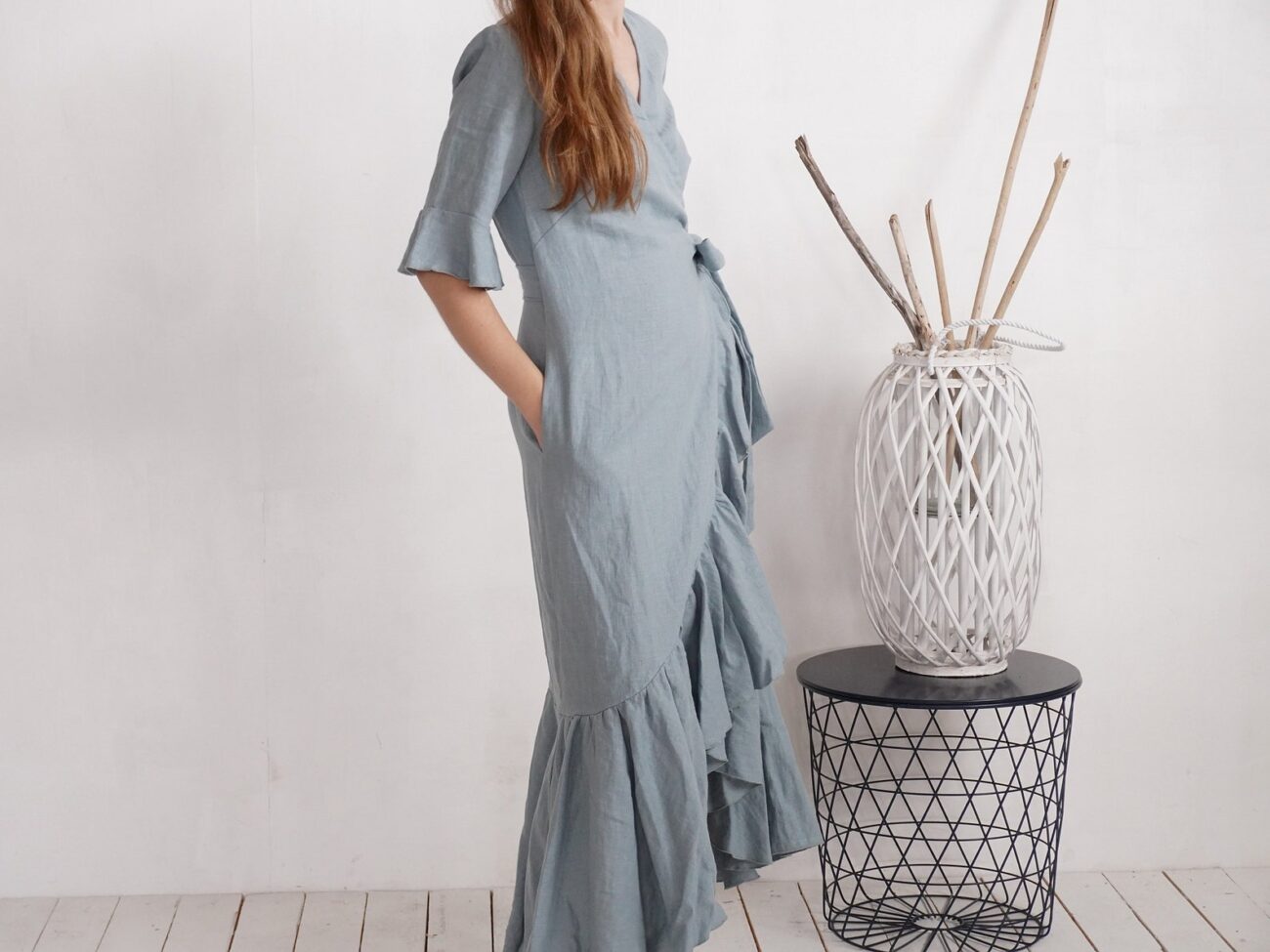 Elegant Linen Maxi Wrap Dress M76