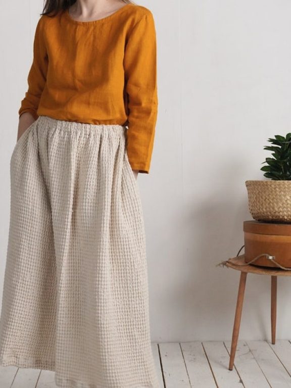 Waffle Long Linen Skirt with Pockets - Autumn Flowy Skirt by Malusta