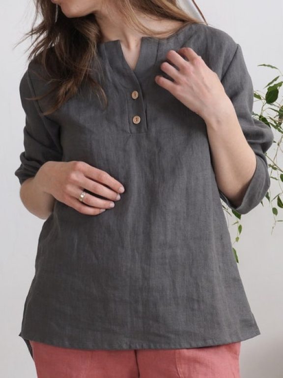 Malusta Linen Blouse: V-Neck, Button-Up, Maternity-Friendly