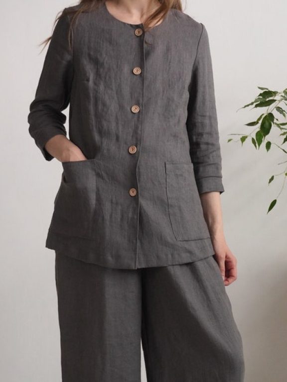 Malusta Women's Linen Suit: Jacket and Wide Leg Trousers