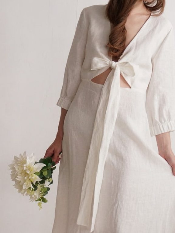 Malusta Linen Wedding Dress with Bow and Long Sleeves