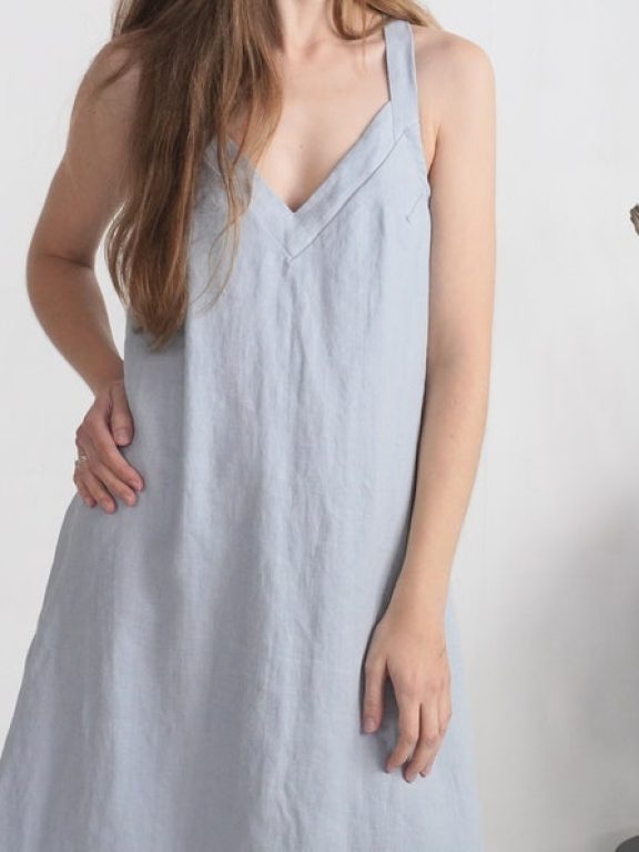 Linen Cross Back V-Neck Midi Summer Dress M15