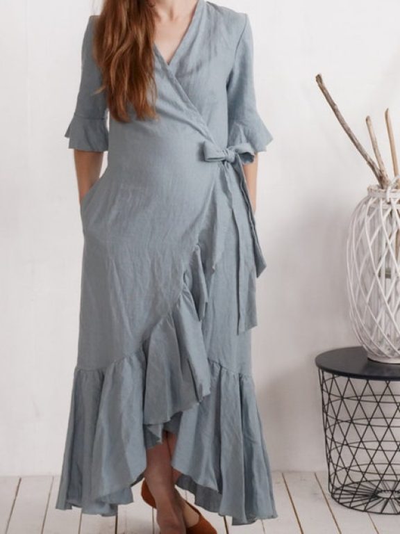 Elegant Linen Maxi Wrap Dress M76