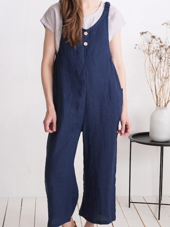 Malusta Linen Jumpsuit: Loose, Pocketed, Capri Romper Overalls