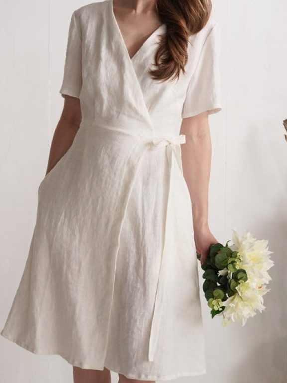 Elegant Wrap Linen Wedding Dress by Malusta