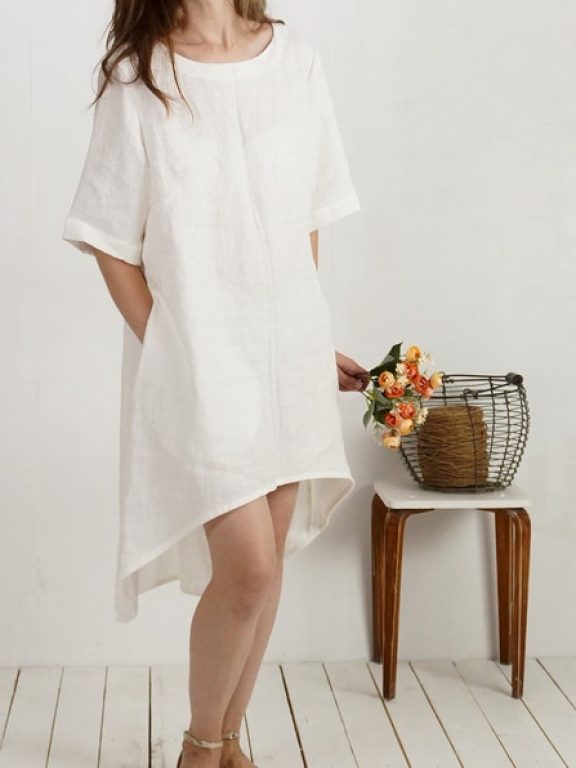 Malusta Linen V-Back Wedding Dress for Beach, Barn, or Holiday